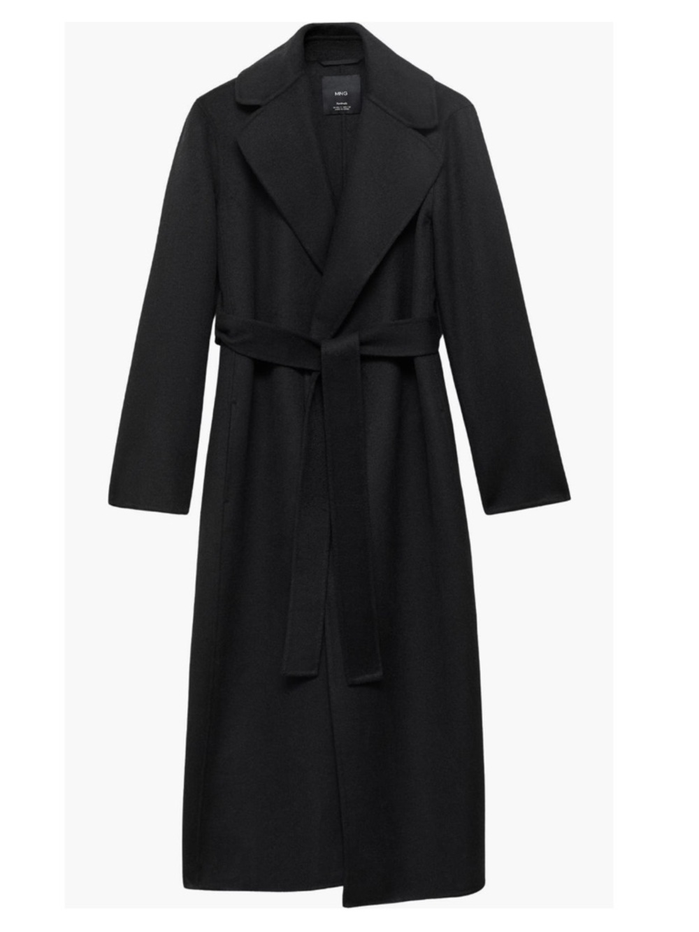 MNG Mango Black Wrap Wool Blend Long Coat with Self Tie Belt, NEW